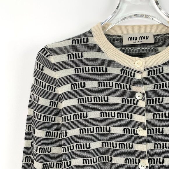 Miu Miu Womens Black & White Logo Print Cashmere Blend Cardigan Sweater Size 38 - Picture 3 of 8